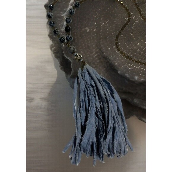 Women Silk Tassel Faceted Rhinestone & Snowflake Obsidian Necklace Boho Hippie - Picture 2 of 11